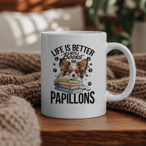 Papillon Dog Breed Life Is Better With Books And Papillons Graphic Print Coffee Mug - Bookorys