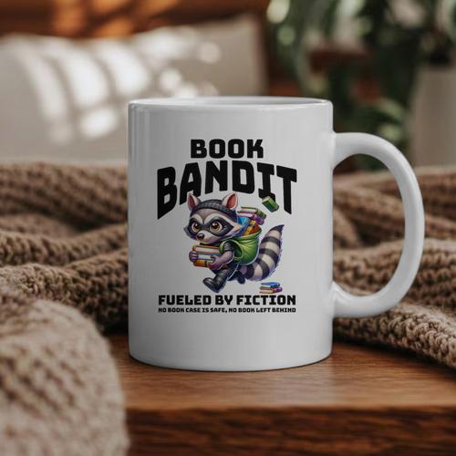 Racoon-Bookworm-Book Bandit-Fueled By Fiction Graphic Print Coffee Mug - Bookorys AU
