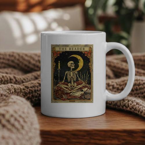 The Reader Tarot Card Book Lover Skeleton Art Goth Style Graphic Print Coffee Mug - Bookorys AU