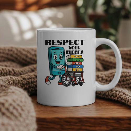 Respect Elders Cellphone Pushing Books In a Wheelchair Graphic Print Coffee Mug - Bookorys AU