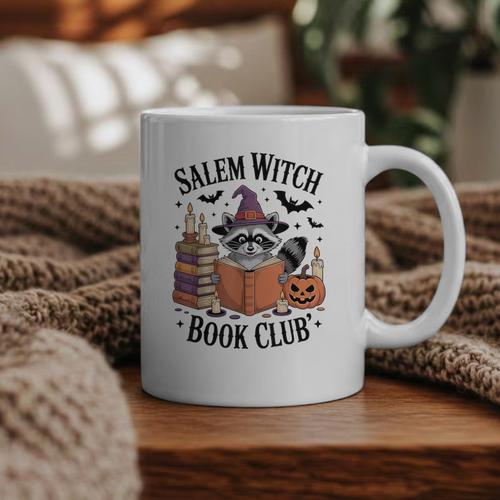 Salem WItch Book Club Halloween Raccoon Witch Reading Book Graphic Print Coffee Mug - Bookorys