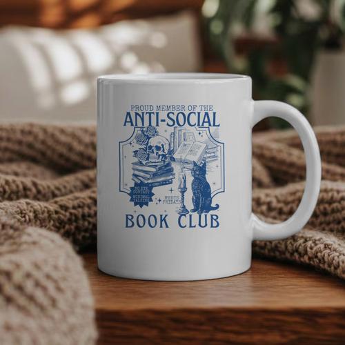 Sarcastic Anti Social Book Club Cat Skull Book Lover Graphic Print Coffee Mug - Bookorys DE