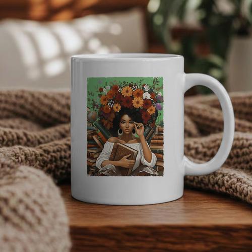 History Month Black Afro Girl Women Book Lovers Floral Graphic Print Coffee Mug - Bookorys CA
