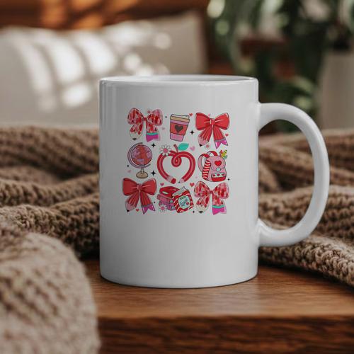 Valentine Teacher Coquette Bow Pencil Heart Book Girl Women Graphic Print Coffee Mug - Bookorys