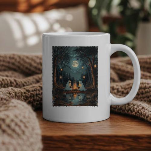 Vintage Ghost Book Reading Camping Gothic Halloween Teachers Graphic Print Coffee Mug - Bookorys