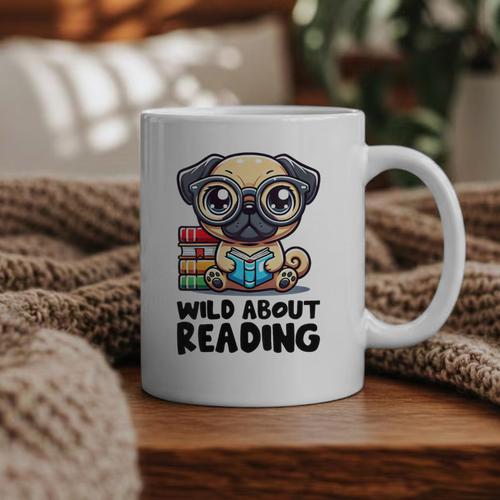 Wild About Reading Book Lover Pug Dog Graphic Print Coffee Mug - Bookorys UK