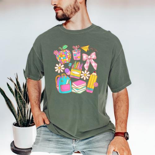 Apple Disco Pencil Books Bow Teacher Student Back To School Men's Comfort Colors T-Shirt - Bookorys