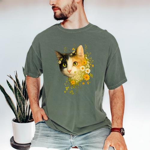 Calico Cat With Flowers For Mom Dad Women Men Kids Botanical Men's Comfort Colors T-Shirt - Father's Day Fun