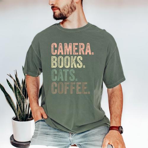 Camera Books Cats And Coffee Lover Photography Men Women Men's Comfort Colors T-Shirt - Bookorys AU