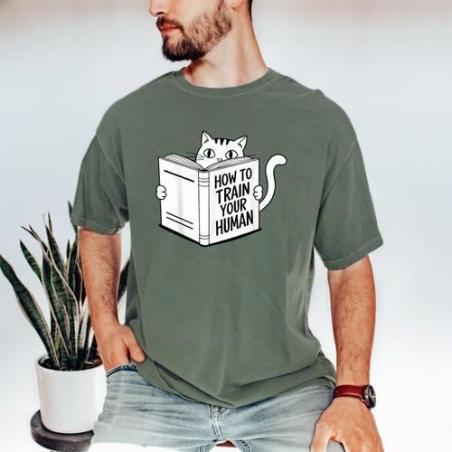 Cat Book Humor How To Train Your Human Men's Comfort Colors T-Shirt - Bookorys