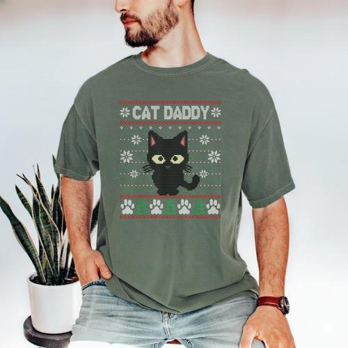 Cat Daddy Ugly Christmas Sweater Pajama Kitty Cat Lover Xmas Men's Comfort Colors T-Shirt - Father's Day Fun