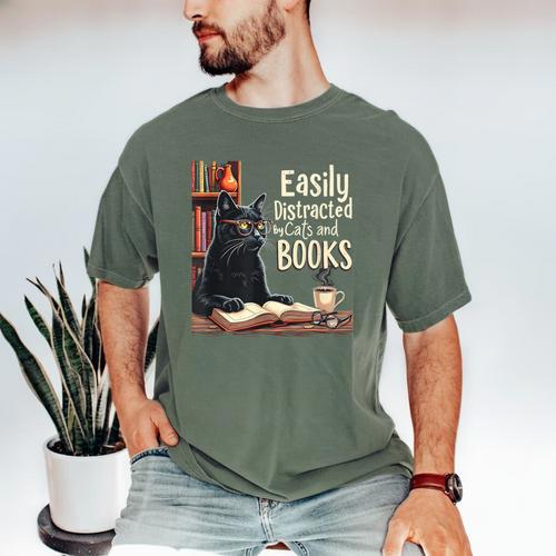Cats And Books Book & Cat Lover Easily Distracted By Men's Comfort Colors T-Shirt - Bookorys
