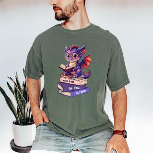 Cute Dragon Read Books Be Kind Stay Weird Book Lover Men's Comfort Colors T-Shirt - Bookorys