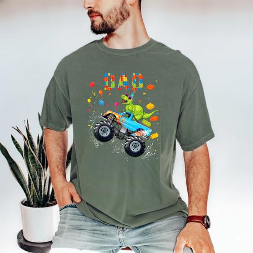 Dad Building Blocks Monster Truck Dinosaur Birthday Men's Comfort Colors T-Shirt - Father's Day Fun