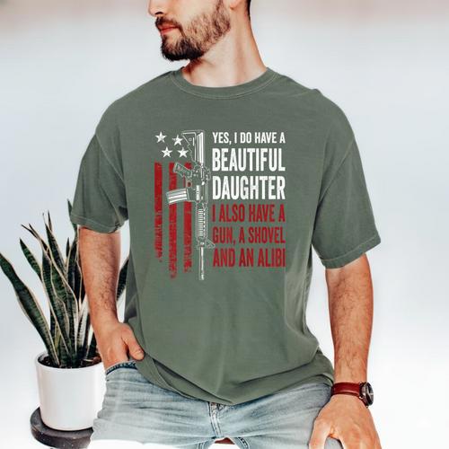 Daughter Gun Shovel Alibi Mom Dad Guns Joke -ON Back Men's Comfort Colors T-Shirt - Father's Day Fun