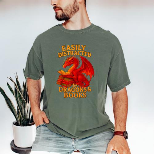Easily Distracted By Dragons And Books Reading Men's Comfort Colors T-Shirt - Bookorys