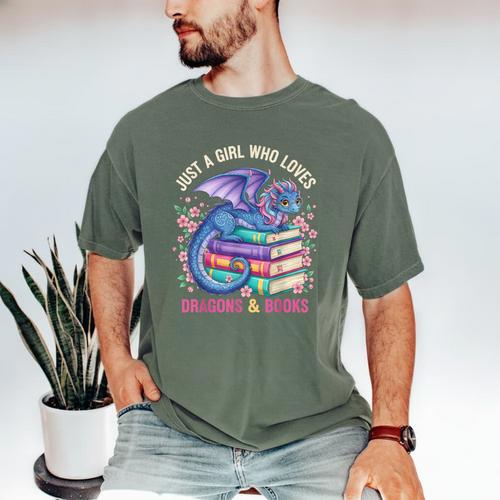 Just a Girl Who Loves Dragons And Books Dragon Reading Men's Comfort Colors T-Shirt - Bookorys