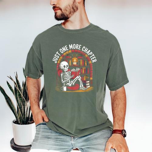 Just One More Chapter Skeleton Reading Cozy Books Men's Comfort Colors T-Shirt - Bookorys