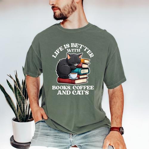 Life Is Better With Books Cats & Coffee Librarian Book Lover Men's Comfort Colors T-Shirt - Bookorys DE