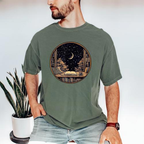 Moon Book Bookshelf Library Coffee Cup Star Stars Pattern Men's Comfort Colors T-Shirt - Bookorys