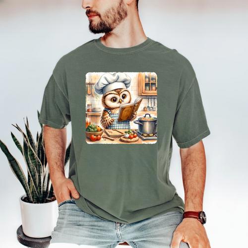 Owl Learning To Cook With Cookbook Chef Apron Stove Cooking Men's Comfort Colors T-Shirt - Bookorys CA