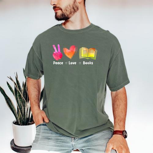Peace Love Books Reader Librarian Library Book Men's Comfort Colors T-Shirt - Bookorys