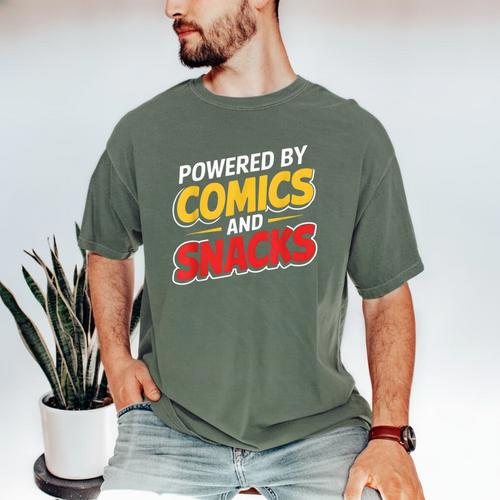 Powered By Comics And Snacks Comic Book Lover Men's Comfort Colors T-Shirt - Bookorys