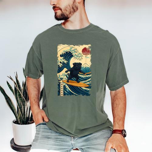 Pug Japanese Kanagawa Wave Surfing Japan Mom Dad Kids Men's Comfort Colors T-Shirt - Father's Day Fun