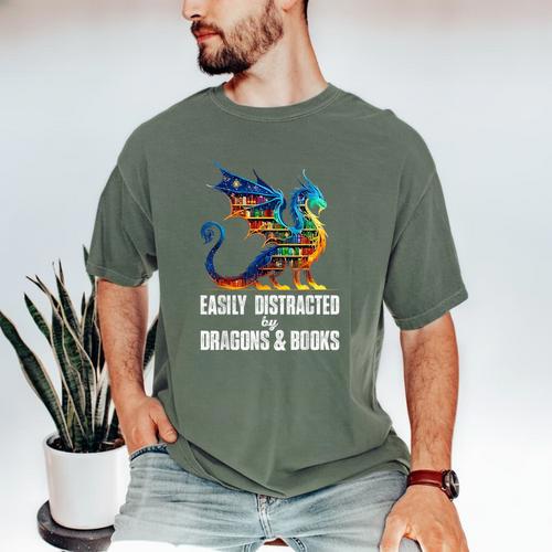 Reading Lover Easily Distracted By Dragons And Books Dragon Men's Comfort Colors T-Shirt - Bookorys