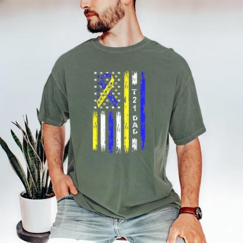 T21 Dad American Flag Down Syndrome Awareness Men's Comfort Colors T-Shirt - Father's Day Fun