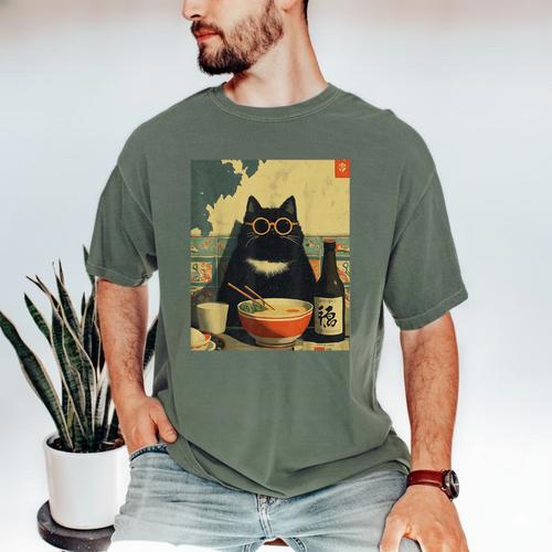 Vintage Japanese Cat Ramen Cat Dad Retro Graphic Women Men's Comfort Colors T-Shirt - Father's Day Fun