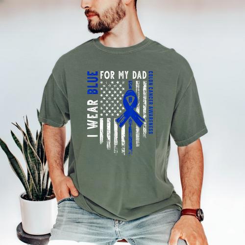 I Wear Blue For My Dad Colon Cancer Awareness Blue USA Flag Men's Comfort Colors T-Shirt - Father's Day Fun