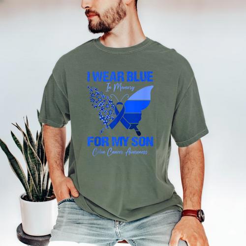 I Wear Blue In Memory For My Son Colon Cancer Awareness Men's Comfort Colors T-Shirt - Easessy