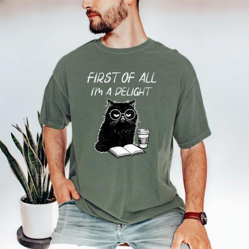 Women's First Of All I’m A Delight Cute Cat Books Coffee Humor Men's Comfort Colors T-Shirt - Bookorys CA