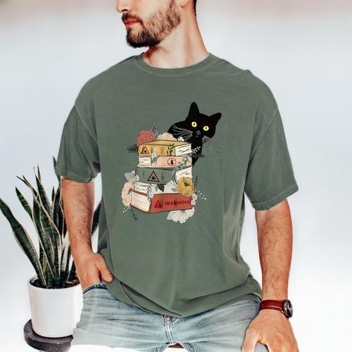 Cat And Books Flowers Reading Club Cat Lover Bookworm Men's Comfort Colors T-Shirt - Bookorys