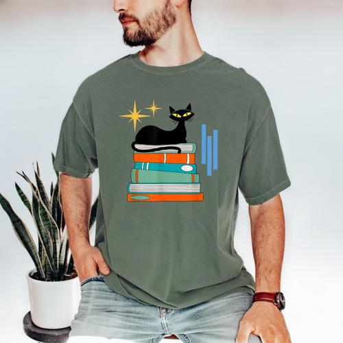Cat And Books Retro Midcentury Mid Century Aesthetic Men's Comfort Colors T-Shirt - Bookorys DE