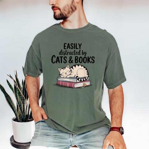 Easily Distracted By Cats And Books Cute Book Lover Men's Comfort Colors T-Shirt - Bookorys
