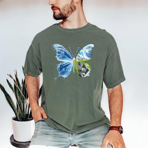 Frutiger Aero Aesthetic Butterfly Computer Fishes Scenery Raglan Baseball Tee Men's Comfort Colors T-Shirt - Figerry