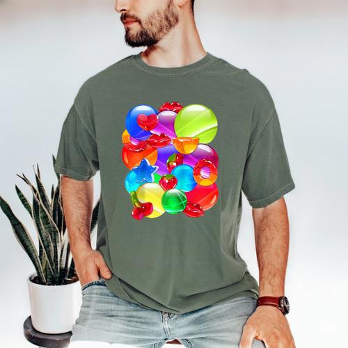 Frutiger Aero Aesthetic Tech Orb Pattern Heart Cherry Lips Raglan Baseball Tee Men's Comfort Colors T-Shirt - Figerry