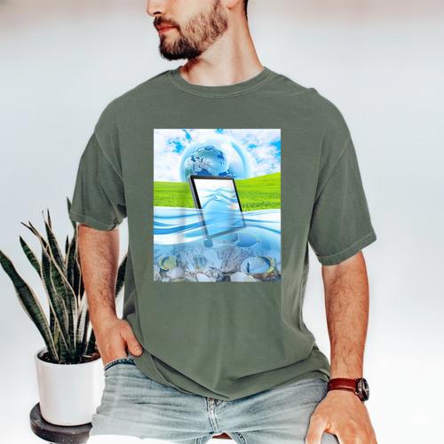 Frutiger Aero Aesthetic Tech Water Fishes Monitor Screen Raglan Baseball Tee Men's Comfort Colors T-Shirt - Figerry