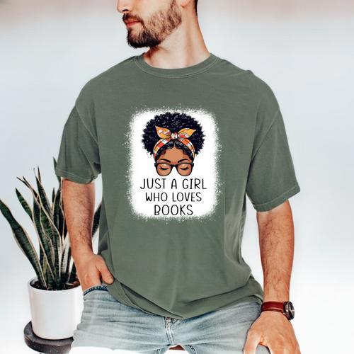 Just a Girl Who Loves Books Messy Bun Black Women Reading Men's Comfort Colors T-Shirt - Bookorys