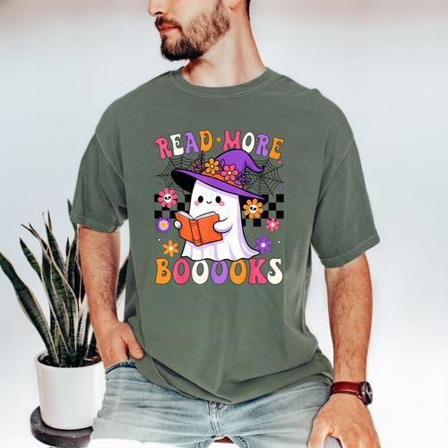Read More Books Ghost Reading Book Teacher Halloween Men's Comfort Colors T-Shirt - Bookorys