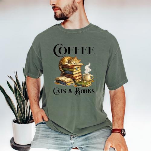 Sleeping Cat And Books With Coffee Lover Men's Comfort Colors T-Shirt - Bookorys
