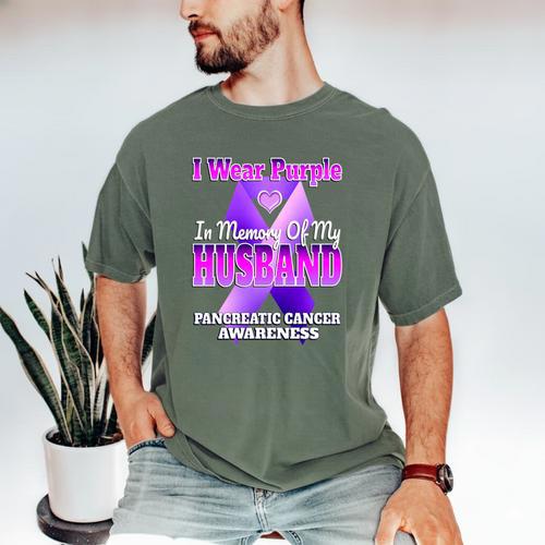 I Wear Purple In Memory Of My Husband Pancreatic Cancer Premium Tri-Blend Men's Comfort Colors T-Shirt - Easessy