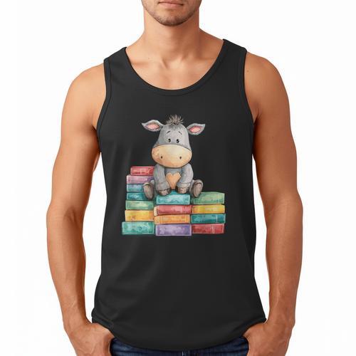 Adorable Donkey With Heart Sitting On Colorful Book Stack Men Tank Top - Bookorys