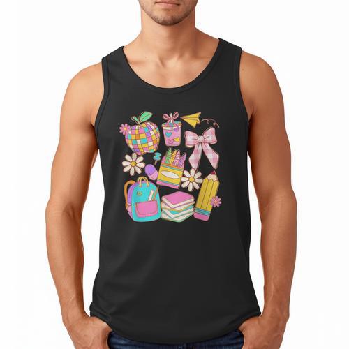 Apple Disco Pencil Books Bow Teacher Student Back To School Men Tank Top - Bookorys CA