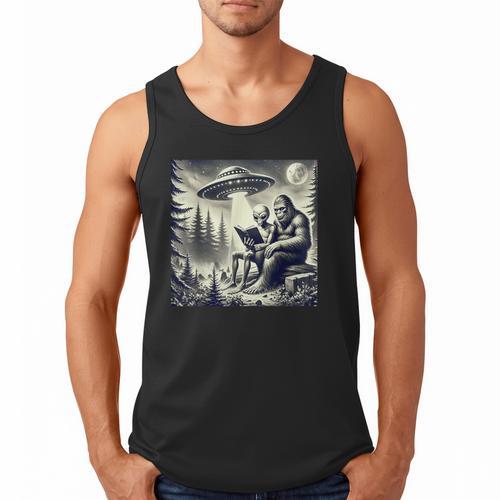 Bigfoot With Alien Reading A Book Bigfoot And UFO Men Tank Top - Bookorys