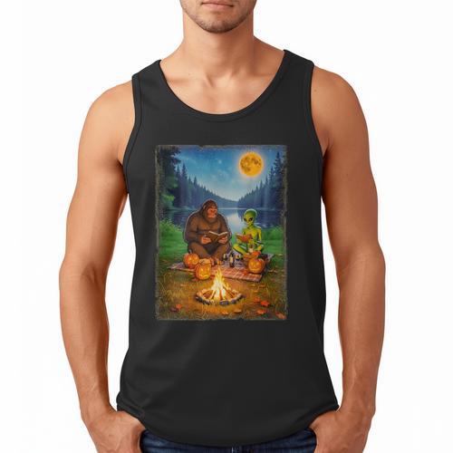 Bigfoot And Alien Reading Books Campfire Halloween Men Tank Top - Bookorys