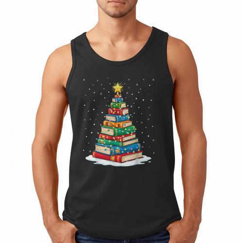 Book Christmas Tree Xmas Lights Book Lover Teacher Librarian Men Tank Top - Bookorys DE
