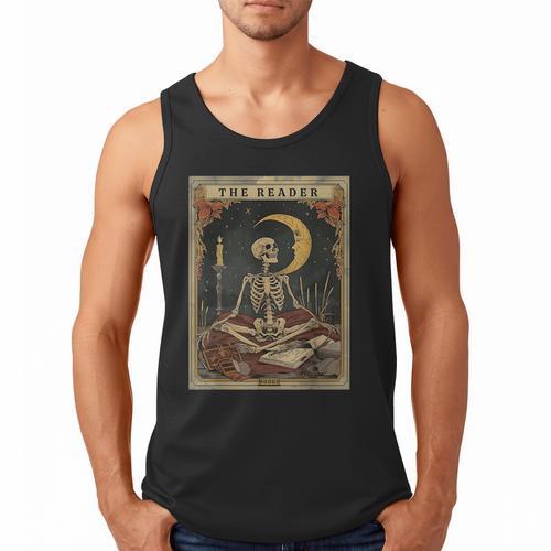 Books Lover Book Novels Reading Halloween Costumes Cottagecore Skeleton Aesthetic Tarot Card The Reader Graphic Men Tank Top - Bookorys CA
